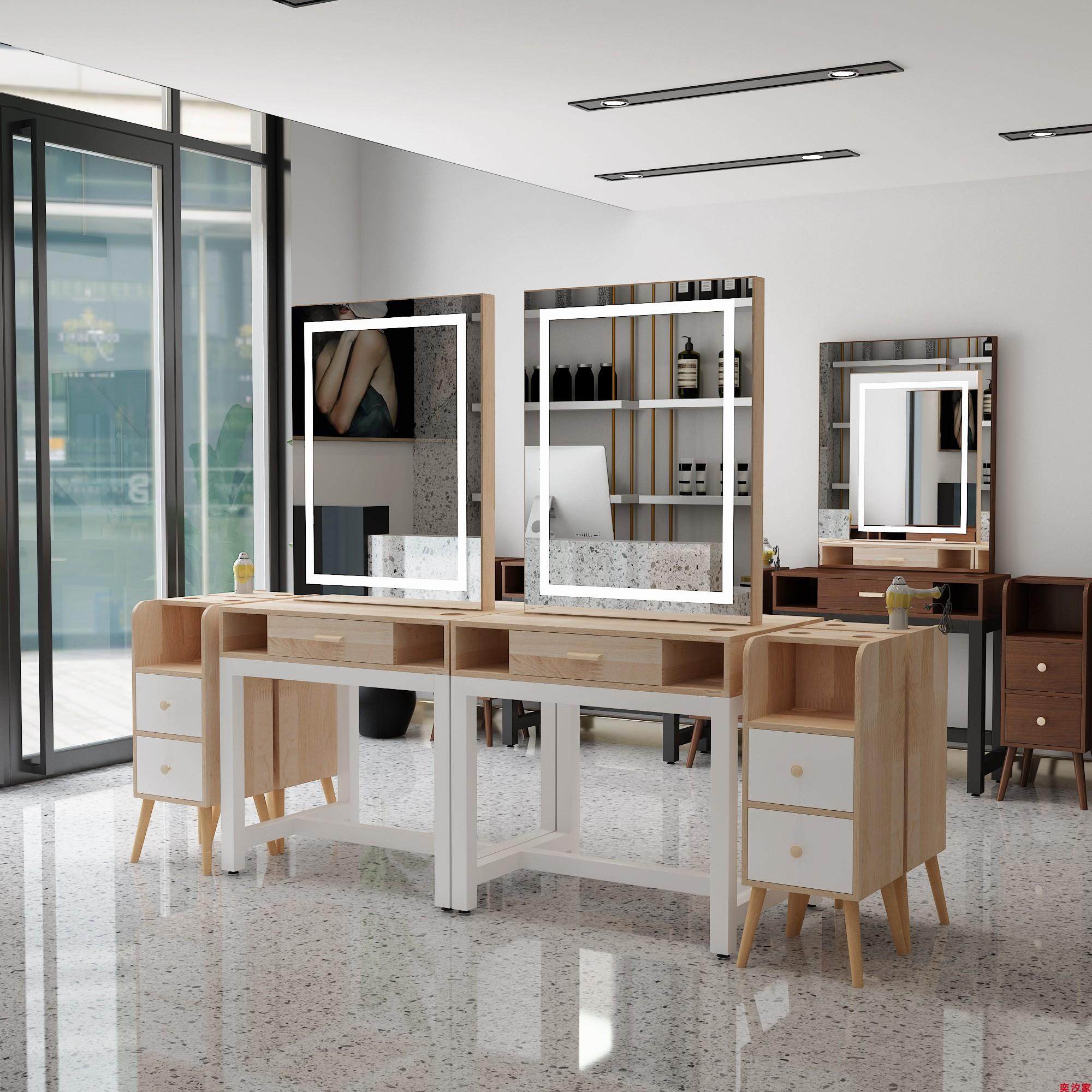 网红理发店镜台发廊专用高档简约带灯单双面实木美发镜潮店烫染桌,淘宝优惠券,粉丝福利购,淘宝优惠卷