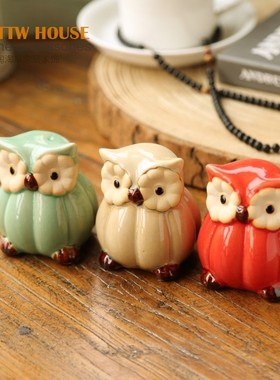 田园饰品高温釉面陶瓷猫头鹰家居z杂货彩色动物搁板摆设