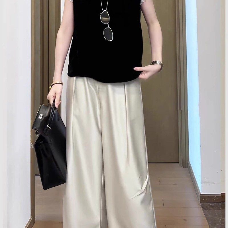 新中式国风c缎面醋酸休闲阔腿裤女夏薄款2025新款宽松直筒八分裤,淘宝优惠券,粉丝福利购,淘宝优惠卷