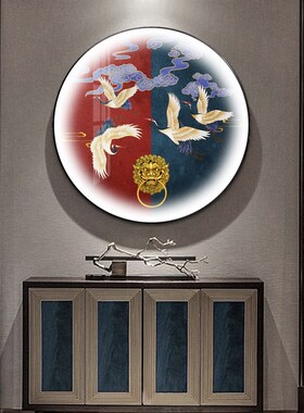 新中式圆形灯画餐厅入户玄关背景墙挂画带灯装饰画茶室禅意花鸟画