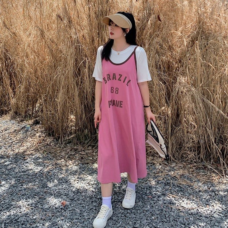 休闲连衣裙2023新款女夏220斤胖mm大码宽松运动风T恤吊带裙两件套,淘宝优惠券,粉丝福利购,淘宝优惠卷