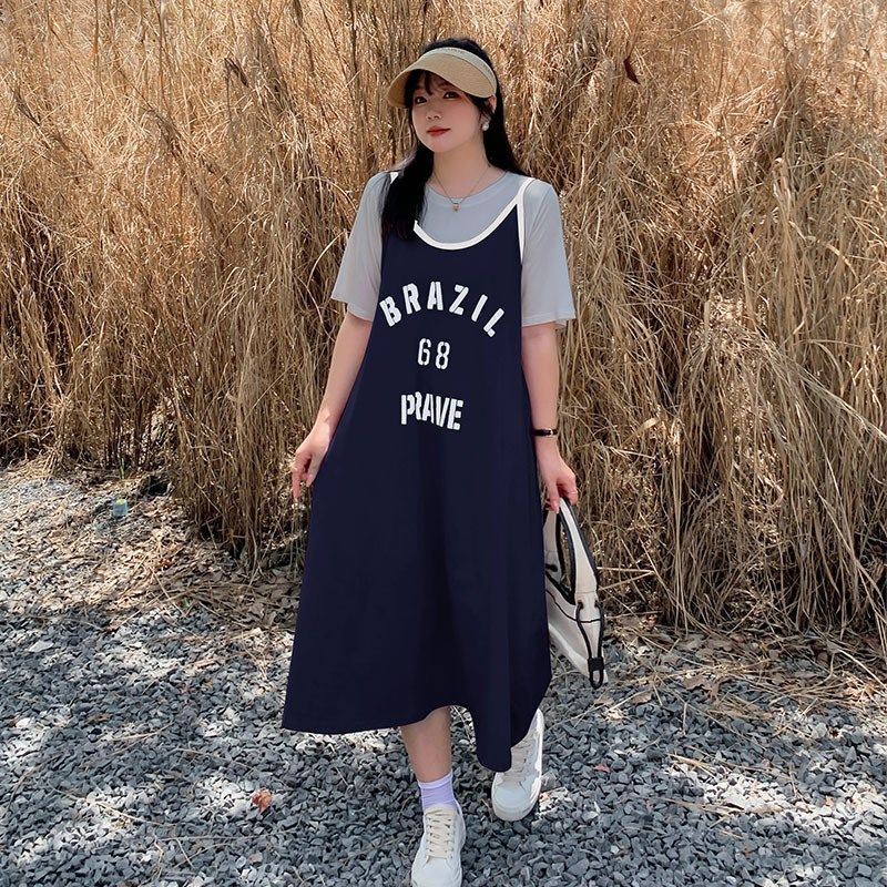 休闲连衣裙2023新款女夏220斤胖mm大码宽松运动风T恤吊带裙两件套,淘宝优惠券,粉丝福利购,淘宝优惠卷