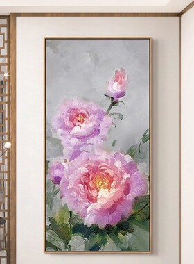 新中式牡丹花纯手绘油画紫色玄关挂画花开富贵走廊尽头客厅装饰画