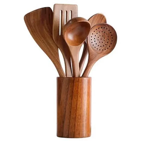 Acacia wood spatula teak spatula set solid wood household cooking spoon colander small leaf three-line frying spatula in stock
