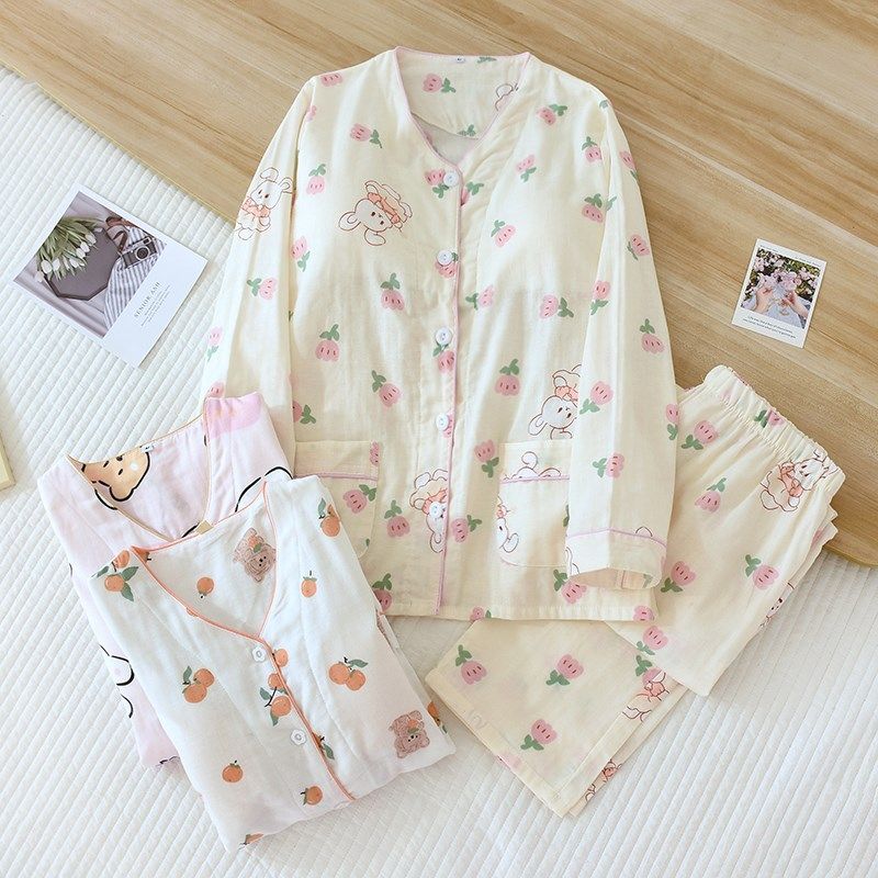 带胸垫睡衣女纯棉双层纱布薄款开襟夏季长袖免文胸家居服两件套,淘宝优惠券,粉丝福利购,淘宝优惠卷