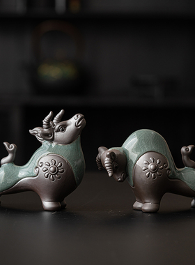 牛气冲天陶瓷哥窑牛摆件招财家居客厅博古架装饰品生肖牛礼品摆设