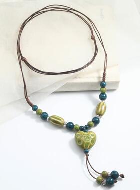 复古民族风爱心吊坠毛衣链长款手工编织可调节桃心陶瓷项链配饰女