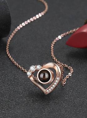 跨境爆款925银100种语言投影项链心形吊坠欧美气质锁骨链外贸