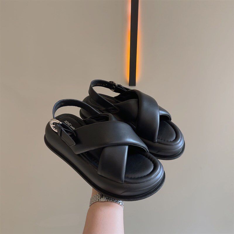 丑魅儿 一字扣露趾交叉凉鞋女2024夏季新款百搭厚底运动沙滩鞋,淘宝优惠券,粉丝福利购,淘宝优惠卷