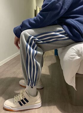 春秋条杠运动裤男宽松九分束脚裤韩版潮流休闲卫裤直筒收口长裤子