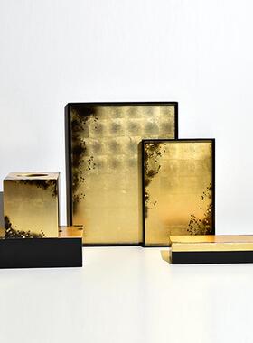 越南进口新中式黑色金箔漆面长方形托 托盘纸巾盒摆件样板间茶几