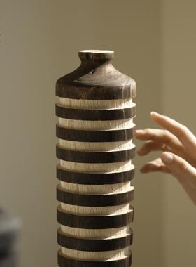 栗石侘寂风中古花瓶实木摆件新中式艺术干花插花器民宿门店装饰品