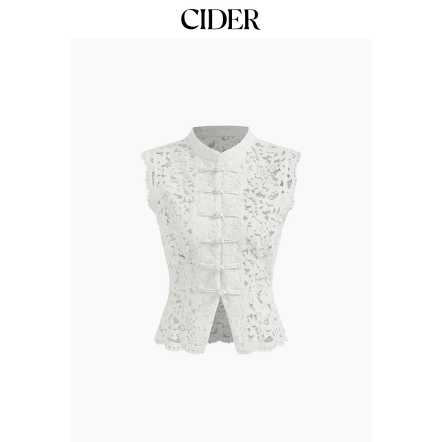 CIDER lace shirt lapel hollow slit vest disc button sleeveless top 114497602