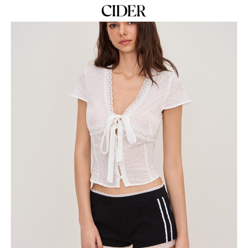 【明星同款】CIDER美式棉刺绣蝴蝶结法式蕾丝衬衫114326439 - 图2