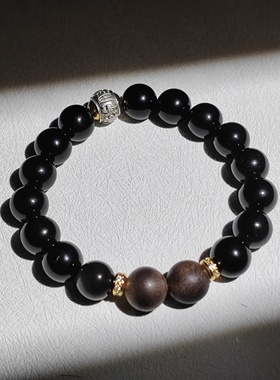 天然黑曜石紫檀沉香手链圈