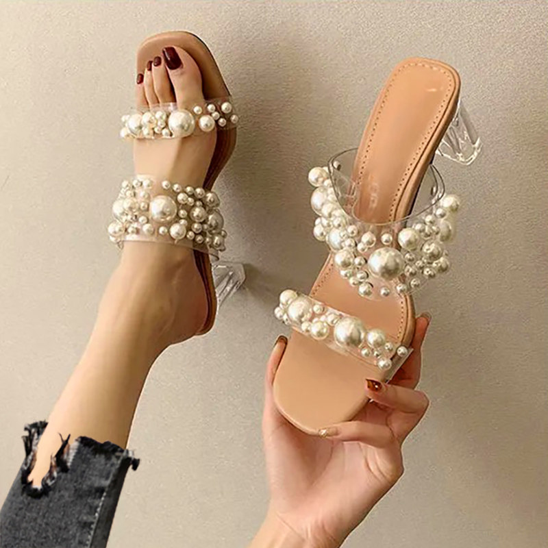 透明珍珠凉鞋女夏高跟粗跟水晶跟仙女风一字带凉拖鞋3S1 32 33小,淘宝优惠券,粉丝福利购,淘宝优惠卷