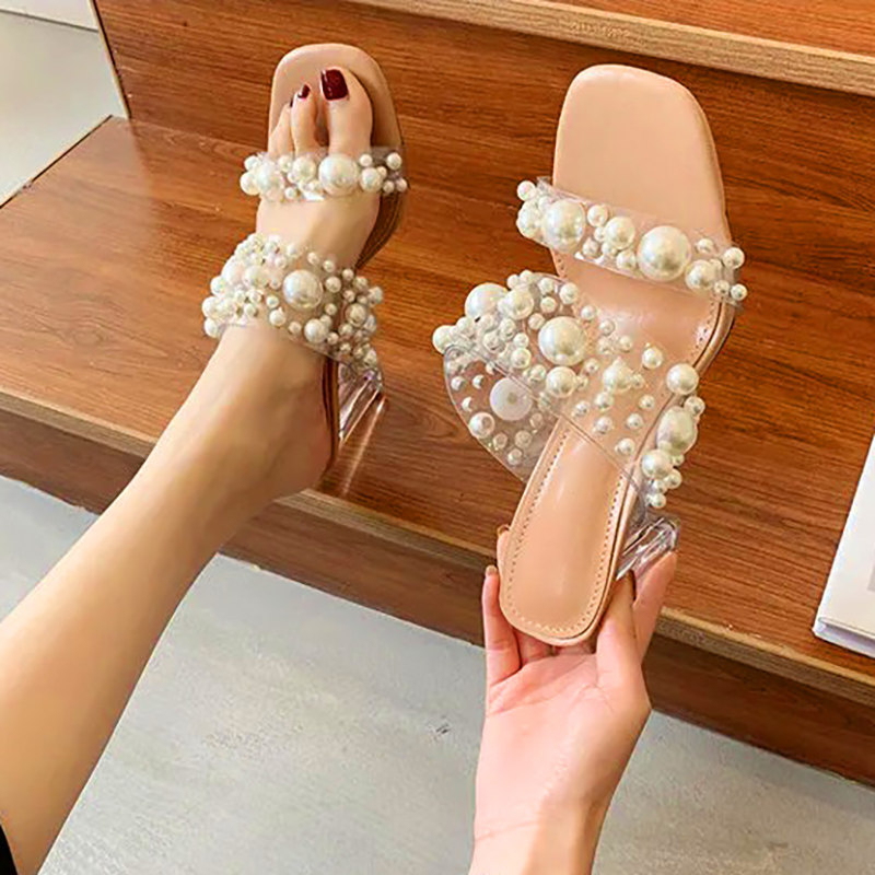 透明珍珠凉鞋女夏高跟粗跟水晶跟仙女风一字带凉拖鞋3S1 32 33小,淘宝优惠券,粉丝福利购,淘宝优惠卷