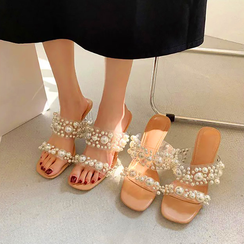 透明珍珠凉鞋女夏高跟粗跟水晶跟仙女风一字带凉拖鞋3S1 32 33小,淘宝优惠券,粉丝福利购,淘宝优惠卷