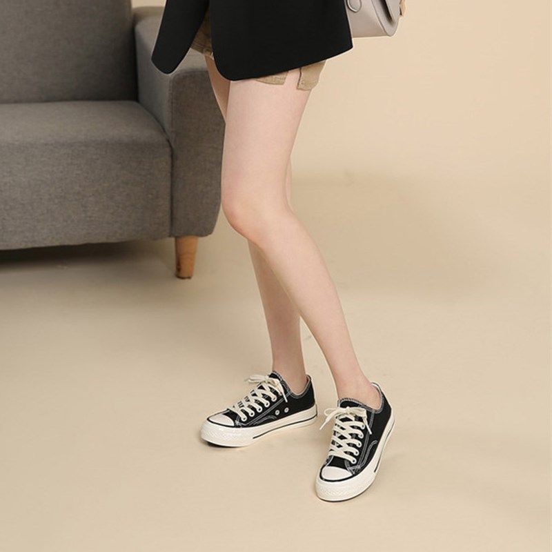 韩版女鞋圆头拼接系带平底情侣帆布小白鞋2023夏新款学生舒适板鞋,淘宝优惠券,粉丝福利购,淘宝优惠卷