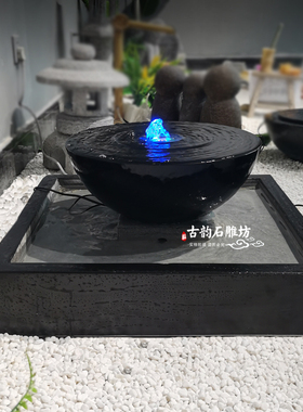 定制石雕流水石钵庭院景观日式水钵花园室内阳台装饰自循环小喷泉
