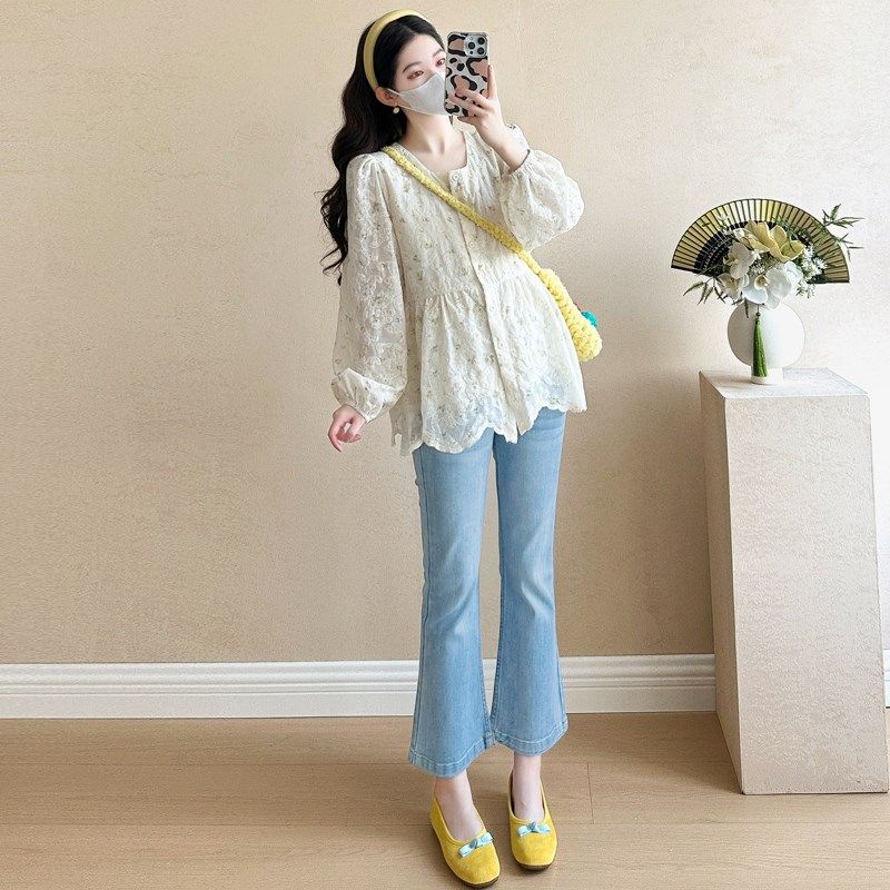 孕妇套装春秋2025新款杏色复古气质宽松方领娃娃衫牛仔裤两件套女,淘宝优惠券,粉丝福利购,淘宝优惠卷