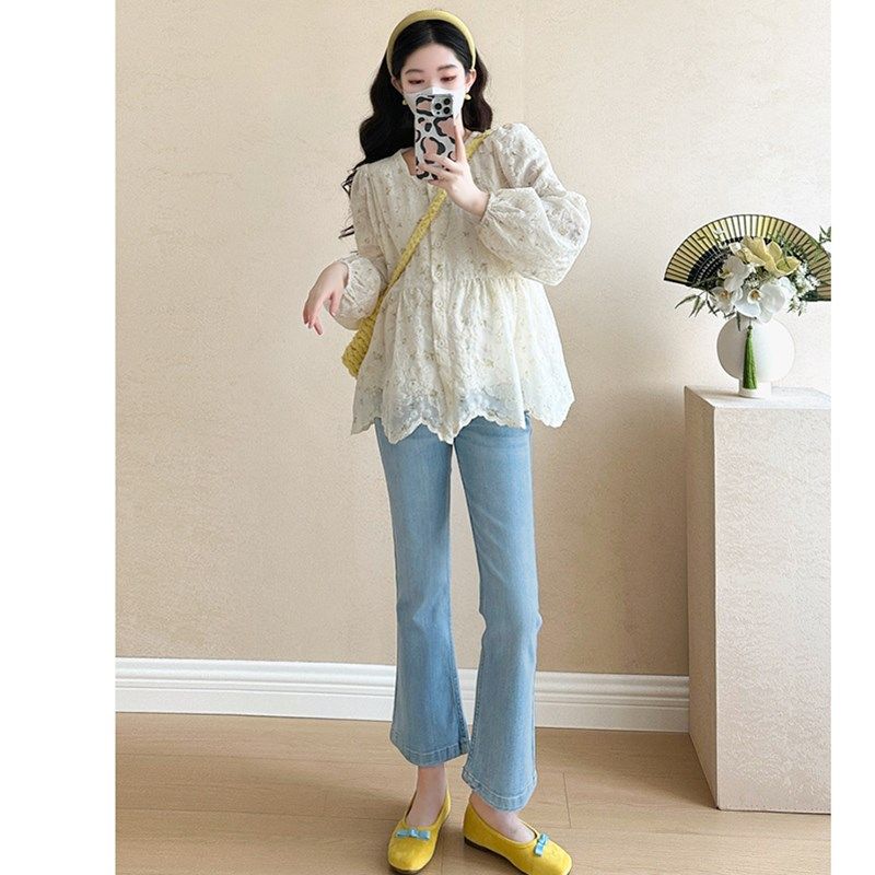 孕妇套装春秋2025新款杏色复古气质宽松方领娃娃衫牛仔裤两件套女,淘宝优惠券,粉丝福利购,淘宝优惠卷