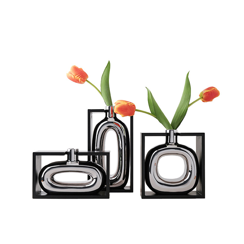 现代框体电镀银陶瓷瓶客厅餐桌面插 创意风级感,淘宝优惠券,粉丝福利购,淘宝优惠卷