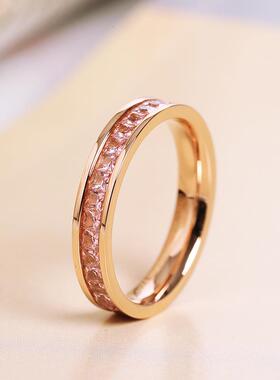 日系轻奢网红单排满钻彩钻戒指女时尚个性钛钢玫瑰金素圈食指尾戒