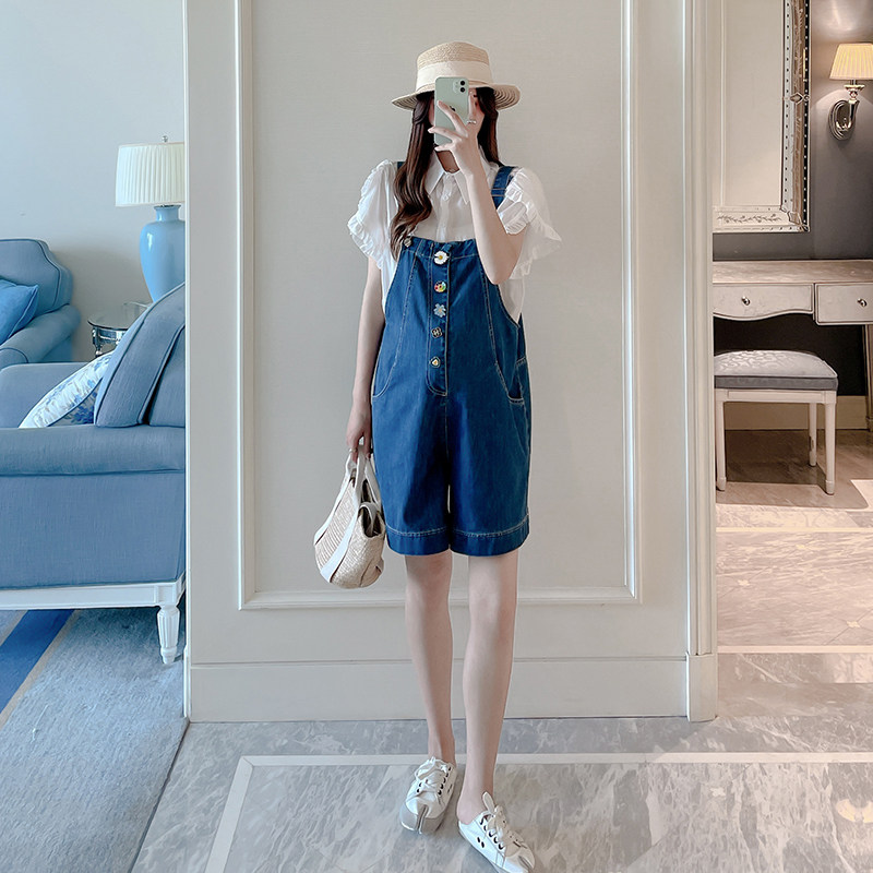 孕妇装2022夏季新款时尚牛仔背带短裤套装韩版薄款洋气外穿裤子,淘宝优惠券,粉丝福利购,淘宝优惠卷