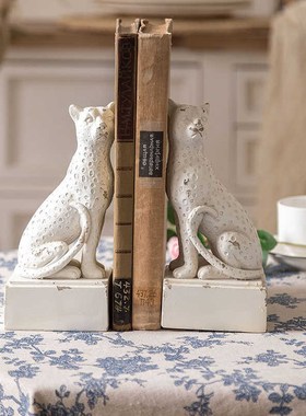 美式复古动d物猎豹摆件书房书挡办公室树脂做旧书立装饰品拍摄道