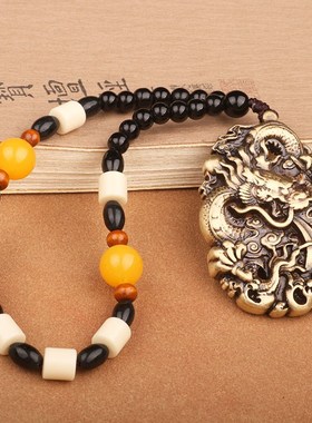 纯黄铜复古做旧生肖龙牌手把件汽车车载车内后视镜小挂件吊坠