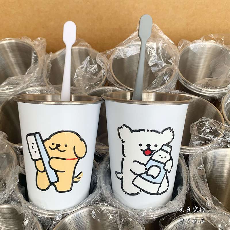 漱口杯小狗家用卡通可爱儿童刷牙情侣ins不锈钢牙刷杯水杯随身杯 - 图0