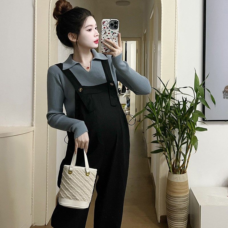 孕妇装春秋季套装2025新款韩版翻领打底长袖上衣减龄背带裤两件套,淘宝优惠券,粉丝福利购,淘宝优惠卷