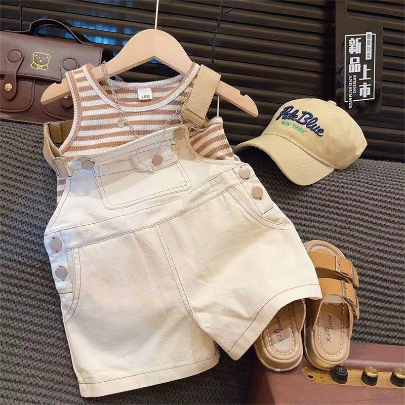 2025韩版女童口袋刺绣套装夏季新款字母条纹打底背带裤背心两件套,淘宝优惠券,粉丝福利购,淘宝优惠卷