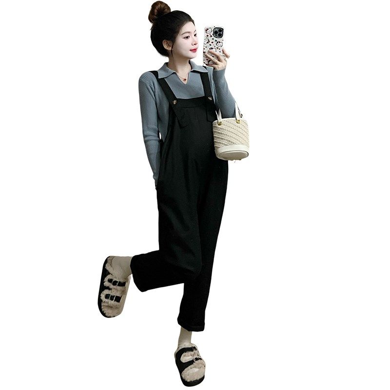 孕妇装春秋季套装2025新款韩版翻领打底长袖上衣减龄背带裤两件套,淘宝优惠券,粉丝福利购,淘宝优惠卷