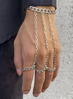 男生开口连体食指戒体育生1男M手链手模连指银色手指链手控手背链