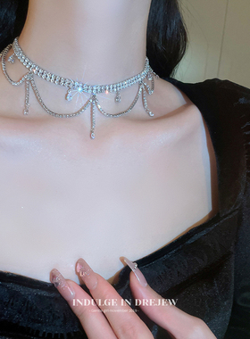 流苏项链女款2022年新款轻奢小众锁骨链带钻法式颈链夸张脖子配饰