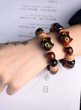 檀木雕刻小猫头多宝珠紫檀木珠多宝手串檀香木老型珠佛珠手链男女