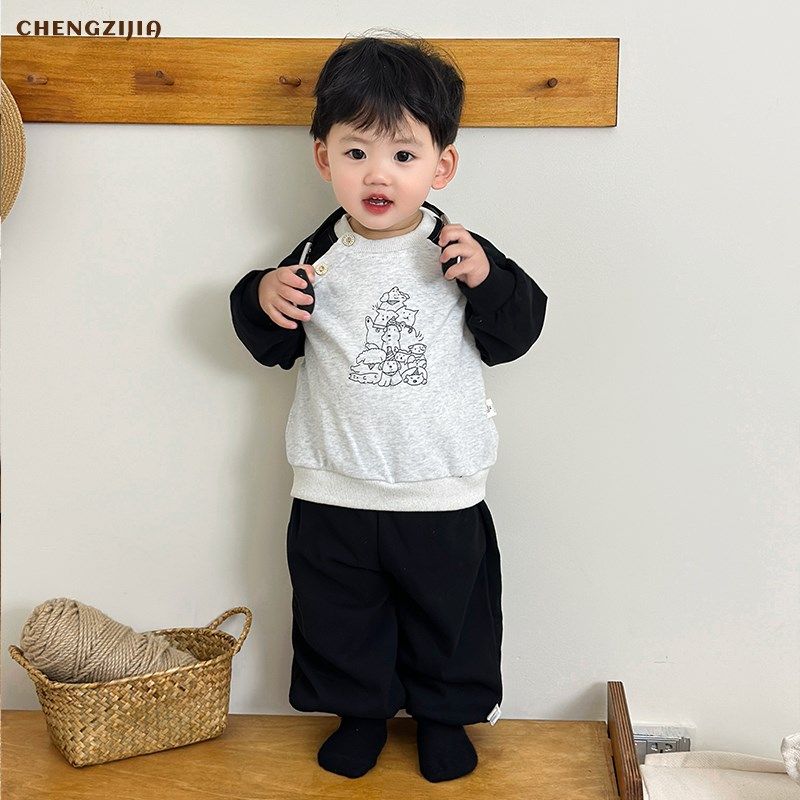 韩版男童春秋款印花运动套装女宝宝拼色插肩袖卫衣婴儿纯色休闲裤,淘宝优惠券,粉丝福利购,淘宝优惠卷