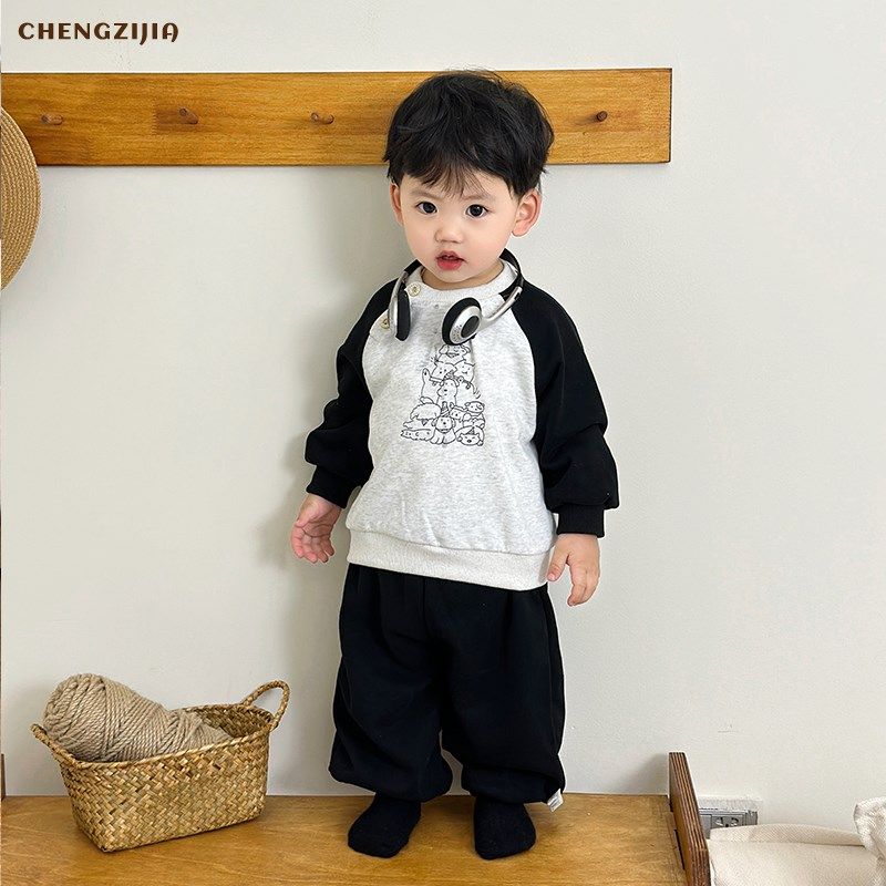 韩版男童春秋款印花运动套装女宝宝拼色插肩袖卫衣婴儿纯色休闲裤,淘宝优惠券,粉丝福利购,淘宝优惠卷