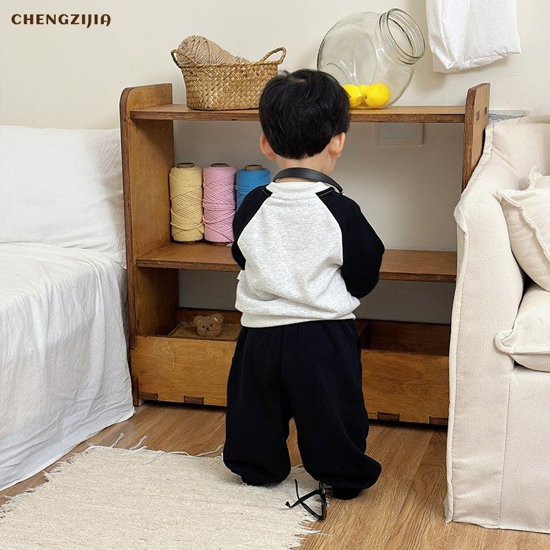 韩版男童春秋款印花运动套装女宝宝拼色插肩袖卫衣婴儿纯色休闲裤,淘宝优惠券,粉丝福利购,淘宝优惠卷