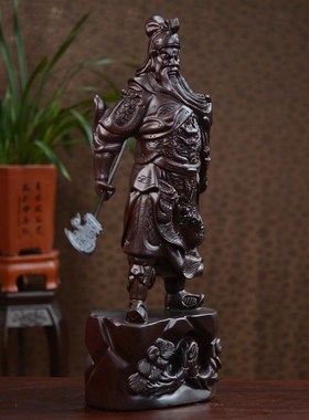 黑檀木雕刻关公像关羽横刀摆件木C质武财神红木工艺品客厅摆件礼