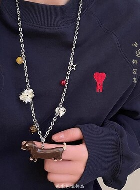 萌趣卡通陶瓷石塑腊肠狗项链女秋冬可爱复古卫衣链长款毛衣链配饰