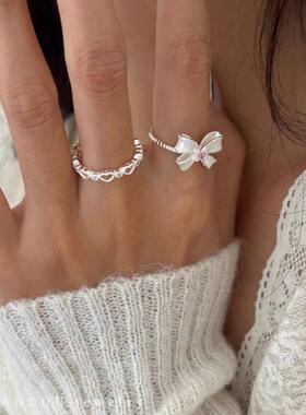 简约戒指女生可爱花朵爱心小众设计粉钻蝴蝶结戒指轻奢风时尚百搭