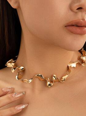 欧美跨境饰品液态熔岩质感项圈女不规则几何扭曲设计感项链