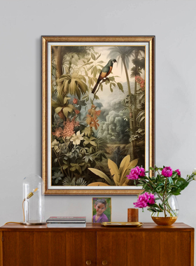 玄关装饰画绿色植物挂画美式走廊过道餐厅背景墙壁画北欧复古油画