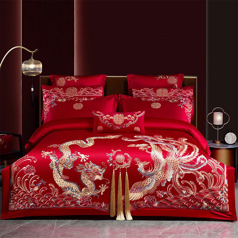 中式100支长绒棉婚庆四件套大红色龙凤刺绣T结婚床上用品4,淘宝优惠券,粉丝福利购,淘宝优惠卷