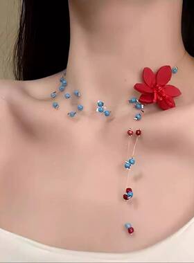 多巴胺蓝色串珠红花流苏项链春夏配裙子度假风小众独特锁骨链女