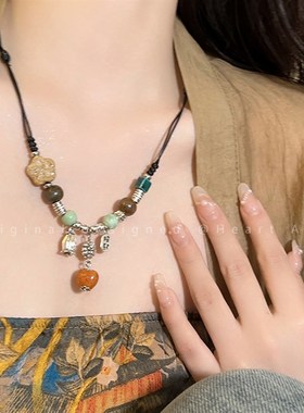 醉梦古风陶瓷串珠项链女新中式复古编织绳颈链国风禅意汉服锁骨链