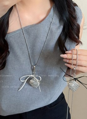 银色爱心镂空金属包包项链女韩国长款个性小众斜跨卫衣链脖子配饰